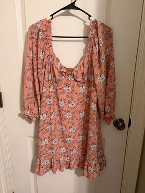 Peach Floral Ruffle Hem Women's Dress